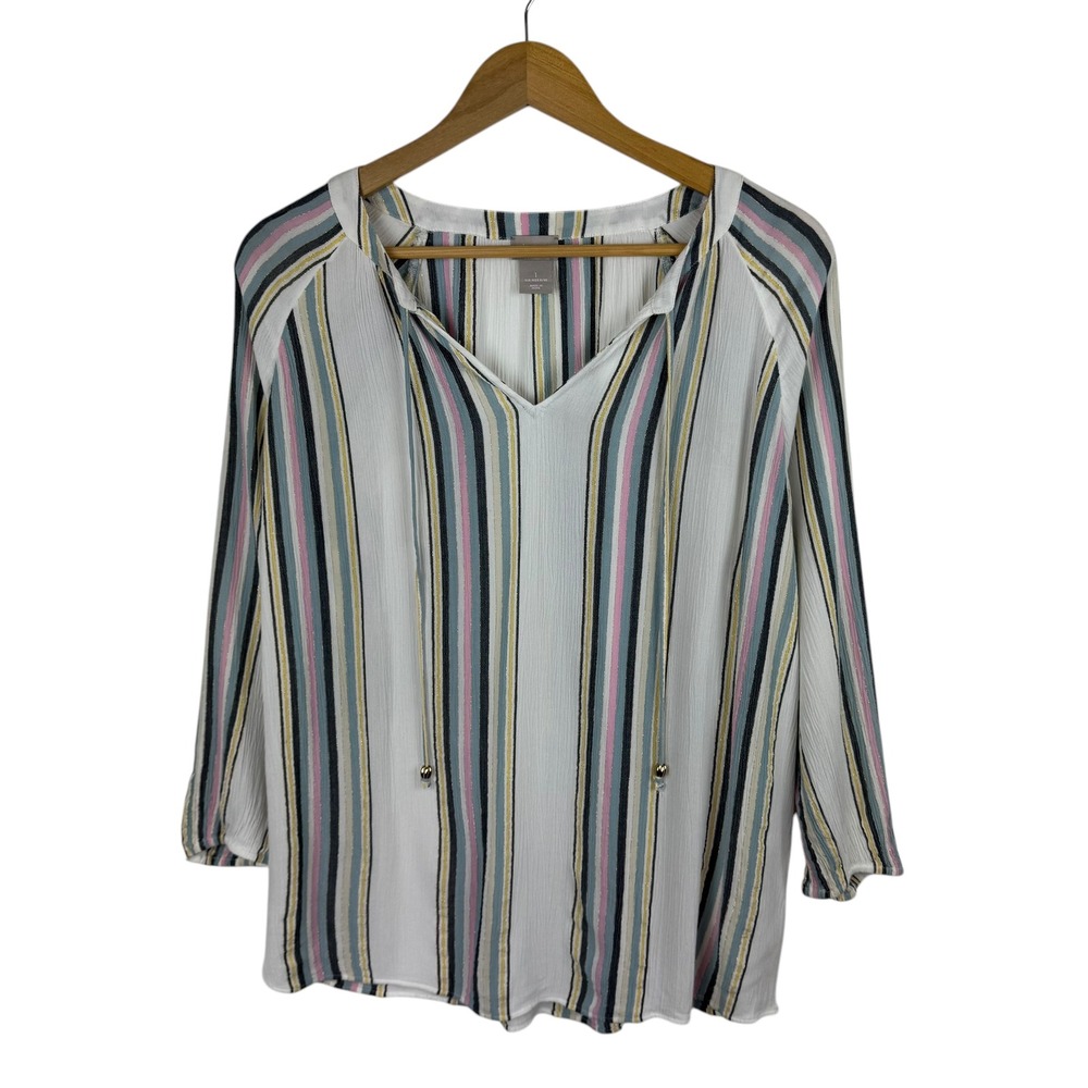 Chico's Striped Blouse Women's 1 (US M) V-Neck Long Sleeve Tunic Coastal Beachy‎